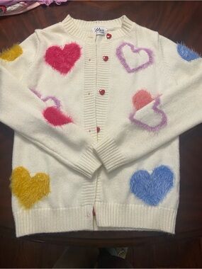Lola + the Boys White Fuzzy Hearts Cardigan